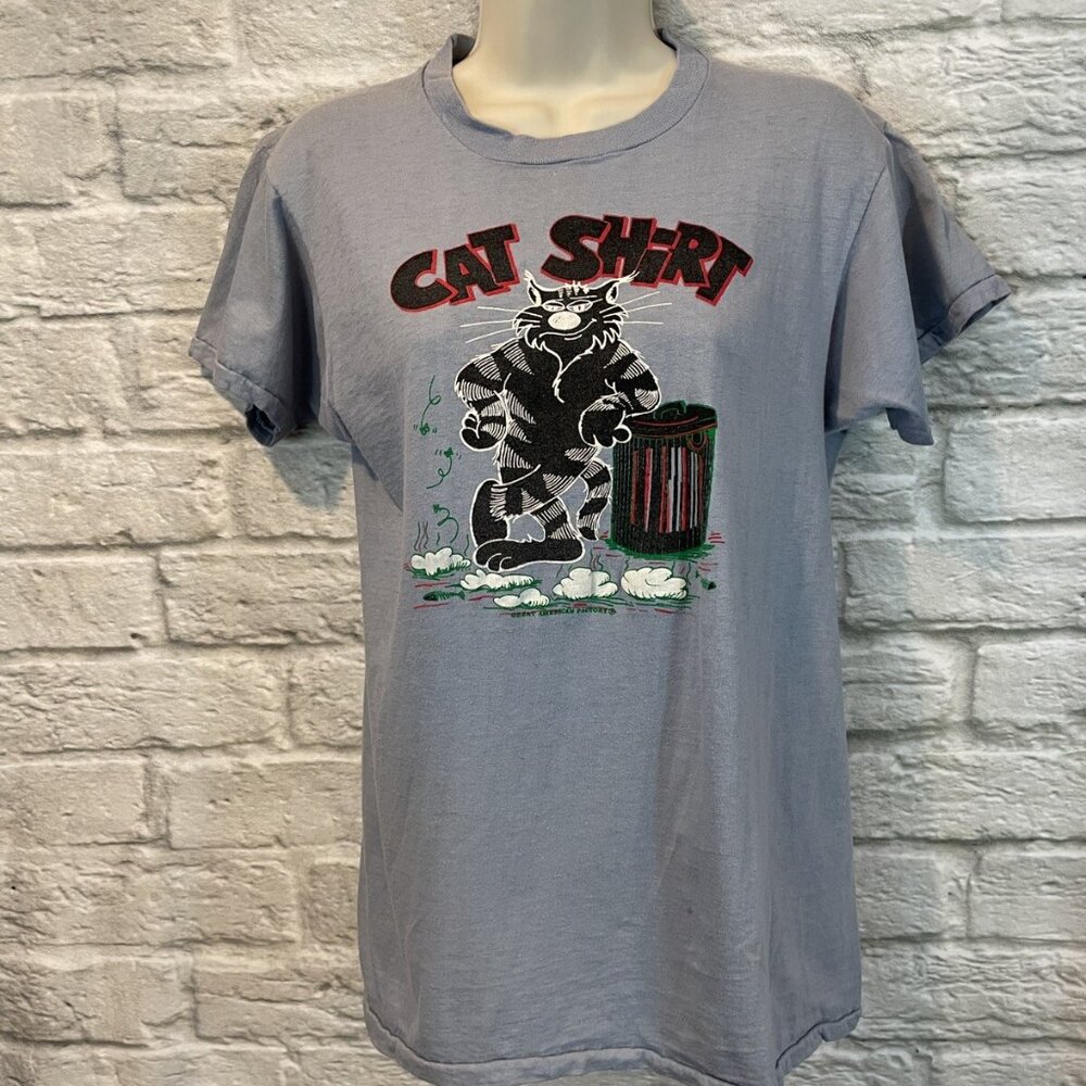 Vintage 80's Tropix Togs Great American Factory Blue Graphic Cat Shirt Sz L